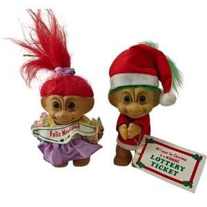 Vintage Russ Troll Lucky Ticket Holder Feliz Navidad Lot of 2